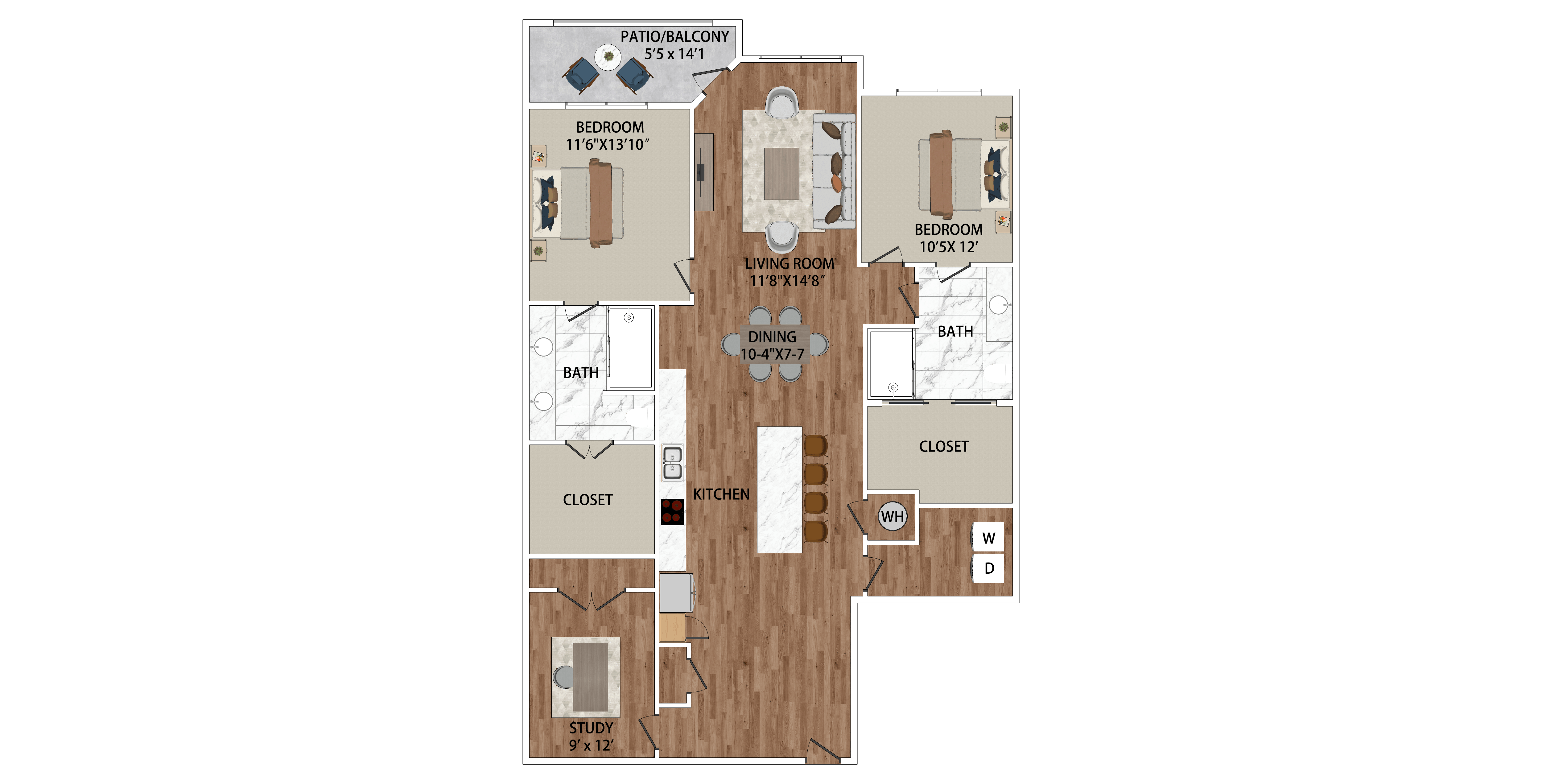Floor plan for 2 beds, 2 baths, 1636 sqft